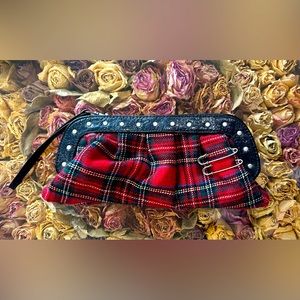 Red Tartan Clutch with Crossbody Strap and Skull Lining